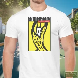 Men's Rolling Stones 1994 - 1995 Voodoo Lounge Concert Tour T Shirt In White, Front View On Dark Wood Background