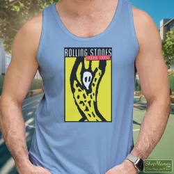 Rolling Stones 1994-1995 Voodoo Lounge Concert Tour Shirt 7 Men's Rolling Stones 1994 - 1995 Voodoo Lounge Concert Tour Tank Top In Light Blue, Front View On Dark Wood Background