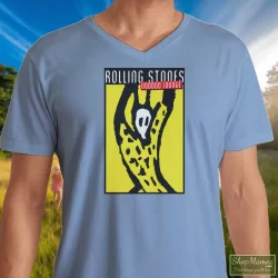 Rolling Stones 1994-1995 Voodoo Lounge Concert Tour Shirt 8 Men's Rolling Stones 1994 - 1995 Voodoo Lounge Concert Tour V Neck In Light Blue, Front View On Dark Wood Background