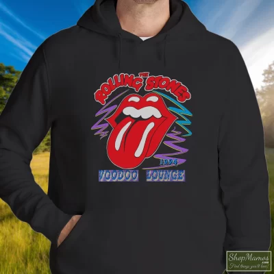 Men's Rolling Stones 1994 Voodoo Lounge Tour Hoodie In Black, Front View On Light Wood Background