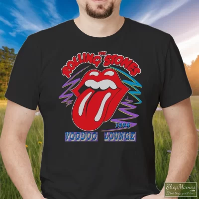 Men's Rolling Stones 1994 Voodoo Lounge Tour T Shirt In Black, Front View On Light Wood Background