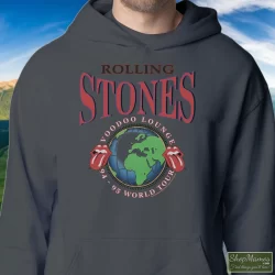 Rolling Stones 1995 Voodoo Lounge World Tour Shirt B 3 Men's Rolling Stones 1995 Voodoo Lounge World Tour B Hoodie In Charcoal, Front View On Dark Wood Background
