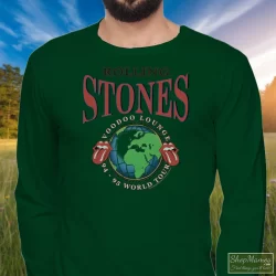 Rolling Stones 1995 Voodoo Lounge World Tour Shirt B 4 Men's Rolling Stones 1995 Voodoo Lounge World Tour B Long Sleeve In Forest Green, Front View On Light Wood Background