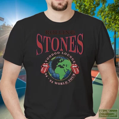 Men's Rolling Stones 1995 Voodoo Lounge World Tour B T Shirt In Black, Front View On Light Wood Background