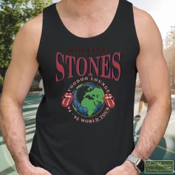 Rolling Stones 1995 Voodoo Lounge World Tour Shirt B 9 Men's Rolling Stones 1995 Voodoo Lounge World Tour B Tank Top In Black, Front View On Light Wood Background