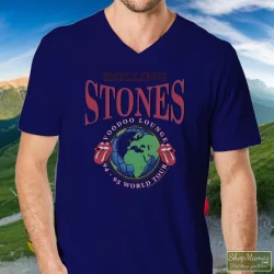 Rolling Stones 1995 Voodoo Lounge World Tour Shirt B 1 Men's Rolling Stones 1995 Voodoo Lounge World Tour B V Neck In Navy, Front View On Light Wood Background