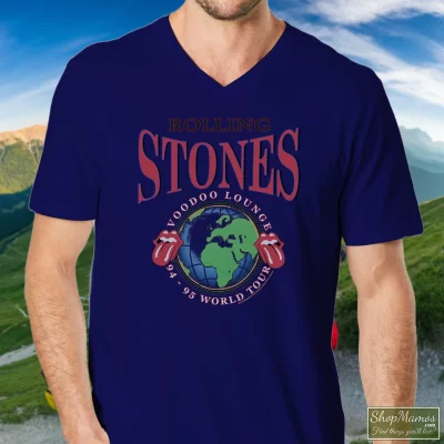 Men's Rolling Stones 1995 Voodoo Lounge World Tour B V Neck In Navy, Front View On Light Wood Background