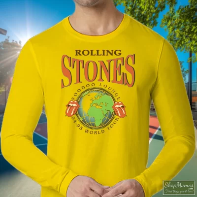 Men's Rolling Stones 1995 Voodoo Lounge World Tour W Long Sleeve In Yellow, Front View On Dark Wood Background