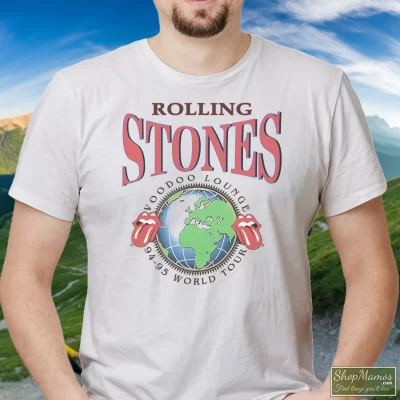 Men's Rolling Stones 1995 Voodoo Lounge World Tour W T Shirt In White, Front View On Dark Wood Background