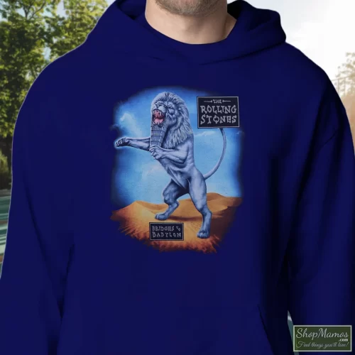 Rolling Stones 1997 Bridges To Babylon Concert Tour Rock Men’s Hoodie – Navy Front View On Light Wood Background Men's Rolling Stones 1997 Bridges To Babylon Concert Tour Rock Hoodie In Navy, Front View On Light Wood Background