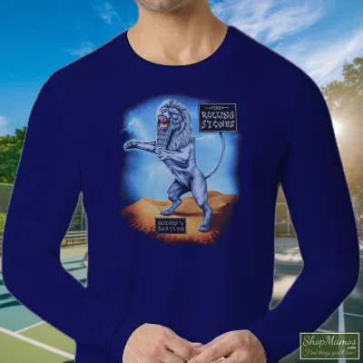 Men's Rolling Stones 1997 Bridges To Babylon Concert Tour Rock Long Sleeve In Navy, Front View On Light Wood Background