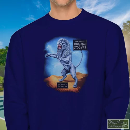Rolling Stones 1997 Bridges To Babylon Concert Tour Rock Men’s Sweatshirt – Navy Front View On Light Wood Background Men's Rolling Stones 1997 Bridges To Babylon Concert Tour Rock Sweatshirt In Navy, Front View On Light Wood Background