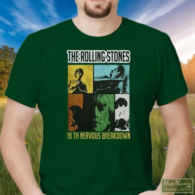 Men's Rolling Stones 19th Nervous Breakdown T Shirt In Forest Green, Front View On Light Wood Background