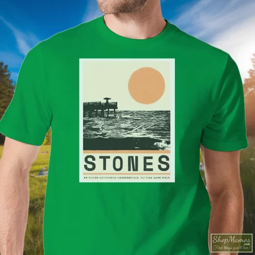 Rolling Stones 2019 No Filter Poster Tour Men’s T Shirt – Irish Green Front View On Light Wood Background Men's Rolling Stones 2019 No Filter Poster Tour T Shirt In Irish Green, Front View On Light Wood Background