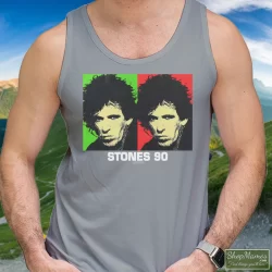 Rolling Stones 90s Keith Richards Tour Shirt 2 Men's Rolling Stones 90s Keith Richards Tour Tank Top In Sport Grey, Front View On Dark Wood Background