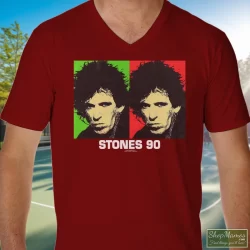 Rolling Stones 90s Keith Richards Tour Shirt 7 Men's Rolling Stones 90s Keith Richards Tour V Neck In Maroon, Front View On Light Wood Background