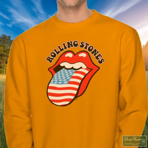 Rolling Stones American Flag Men’s Sweatshirt – Orange Front View On Dark Wood Background Men's Rolling Stones American Flag Sweatshirt In Orange, Front View On Dark Wood Background