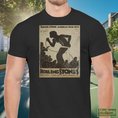 Men's Rolling Stones American Tour 1972 Poster Reproduction Rock Band T Shirt In Black, Front View On Light Wood Background