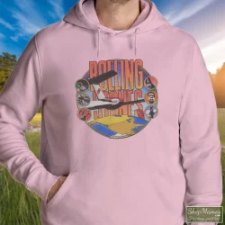 Rolling Stones Around The World Shirt 1 Men's Rolling Stones Around The World Hoodie In Light Pink, Front View On Dark Wood Background