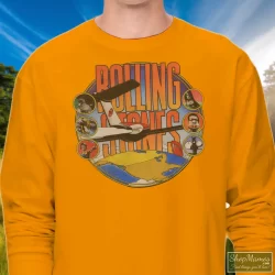 Rolling Stones Around The World Shirt 3 Men's Rolling Stones Around The World Long Sleeve In Orange, Front View On Dark Wood Background