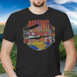 Rolling Stones Around The World Shirt 2 Men's Rolling Stones Around The World T Shirt In Black, Front View On Light Wood Background