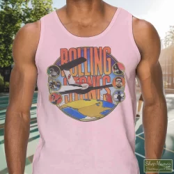 Rolling Stones Around The World Shirt 10 Men's Rolling Stones Around The World Tank Top In Light Pink, Front View On Dark Wood Background