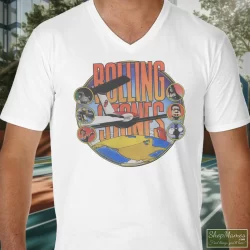 Rolling Stones Around The World Shirt 8 Men's Rolling Stones Around The World V Neck In White, Front View On Dark Wood Background