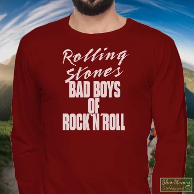 Men's Rolling Stones Bad Boys Of Rock N Roll Long Sleeve In Maroon, Front View On Light Wood Background