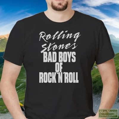 Men's Rolling Stones Bad Boys Of Rock N Roll T Shirt In Black, Front View On Light Wood Background