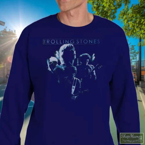 Rolling Stones Band Glow Navy Men’s Sweatshirt – Navy Front View On Light Wood Background Men's Rolling Stones Band Glow Navy Sweatshirt In Navy, Front View On Light Wood Background