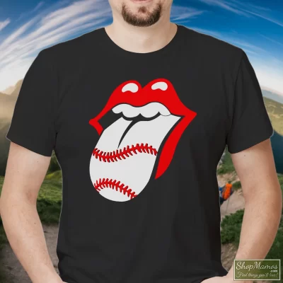 Men's Rolling Stones Baseball Tongue Lips T Shirt In Black, Front View On Light Wood Background