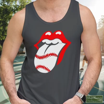 Men's Rolling Stones Baseball Tongue Lips Tank Top In Charcoal, Front View On Dark Wood Background