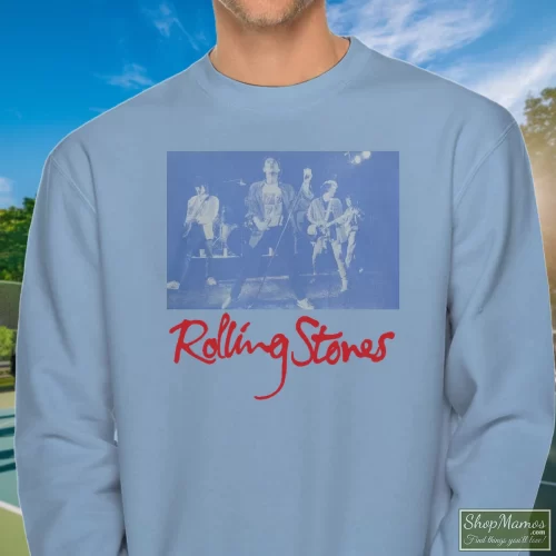 Rolling Stones Black And Blue Live Men’s Sweatshirt – Light Blue Front View On Dark Wood Background Men's Rolling Stones Black And Blue Live Sweatshirt In Light Blue, Front View On Dark Wood Background