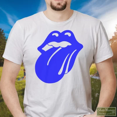 Men's Rolling Stones Blue Lonesome 1972 T Shirt In White, Front View On Dark Wood Background