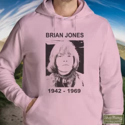 Rolling Stones Brian Jones Shirt 4 Men's Rolling Stones Brian Jones Hoodie In Light Pink, Front View On Dark Wood Background