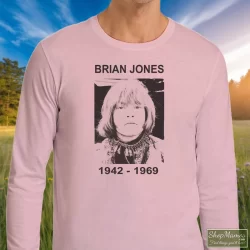 Rolling Stones Brian Jones Shirt 6 Men's Rolling Stones Brian Jones Long Sleeve In Light Pink, Front View On Dark Wood Background