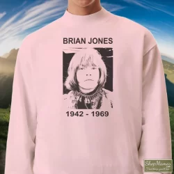 Rolling Stones Brian Jones Shirt 1 Men's Rolling Stones Brian Jones Sweatshirt In Light Pink, Front View On Dark Wood Background