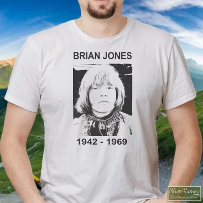 Men's Rolling Stones Brian Jones T Shirt In White, Front View On Dark Wood Background
