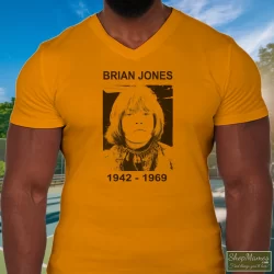 Rolling Stones Brian Jones Shirt 8 Men's Rolling Stones Brian Jones V Neck In Orange, Front View On Dark Wood Background
