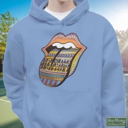 Rolling Stones Bridges To Babylon World Tour Tongue Shirt 7 Men's Rolling Stones Bridges To Babylon World Tour Tongue Hoodie In Light Blue, Front View On Dark Wood Background