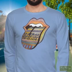 Rolling Stones Bridges To Babylon World Tour Tongue Shirt 4 Men's Rolling Stones Bridges To Babylon World Tour Tongue Long Sleeve In Light Blue, Front View On Dark Wood Background