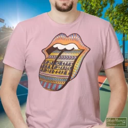 Rolling Stones Bridges To Babylon World Tour Tongue Shirt 3 Men's Rolling Stones Bridges To Babylon World Tour Tongue T Shirt In Light Pink, Front View On Dark Wood Background