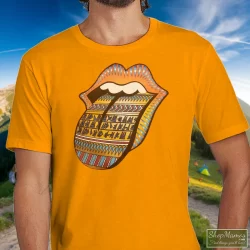 Rolling Stones Bridges To Babylon World Tour Tongue Shirt 5 Men's Rolling Stones Bridges To Babylon World Tour Tongue T Shirt In Orange, Front View On Dark Wood Background