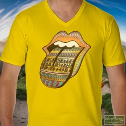 Rolling Stones Bridges To Babylon World Tour Tongue Shirt 1 Men's Rolling Stones Bridges To Babylon World Tour Tongue V Neck In Yellow, Front View On Dark Wood Background