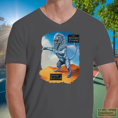Men's Rolling Stones Bridges To Babylon World Tour V Neck In Charcoal, Front View On Dark Wood Background
