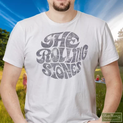 Men's Rolling Stones Distressed T Shirt In White, Front View On Dark Wood Background
