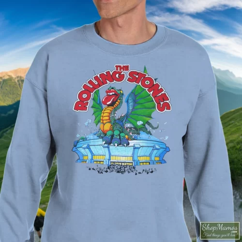 ROLLING STONES Dragon Tour 1981 White Men’s Sweatshirt – Light Blue Front View On Dark Wood Background Men's ROLLING STONES Dragon Tour 1981 White Sweatshirt In Light Blue, Front View On Dark Wood Background