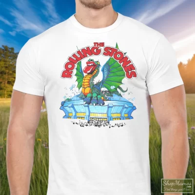 Men's ROLLING STONES Dragon Tour 1981 White T Shirt In White, Front View On Dark Wood Background