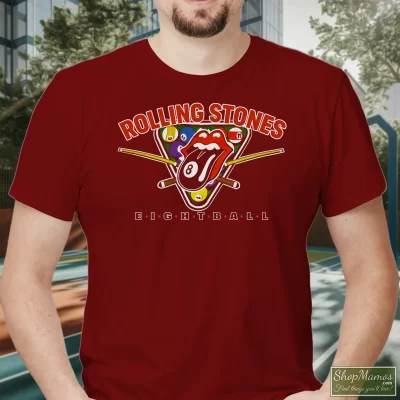 Men's Rolling Stones Eight Ball T Shirt In Maroon, Front View On Light Wood Background