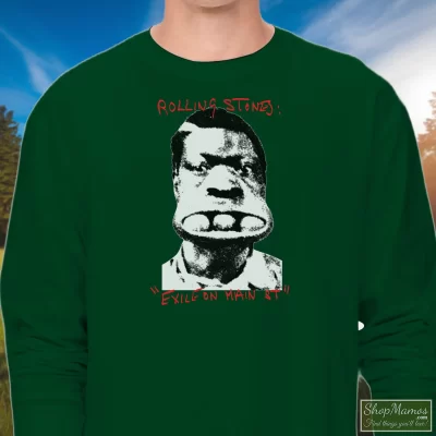 Men's Rolling Stones Exile On Main Street Long Sleeve In Forest Green, Front View On Light Wood Background